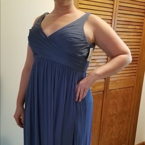 David’s Bridal Steel Blue Long Mesh Bridesmaids Dress